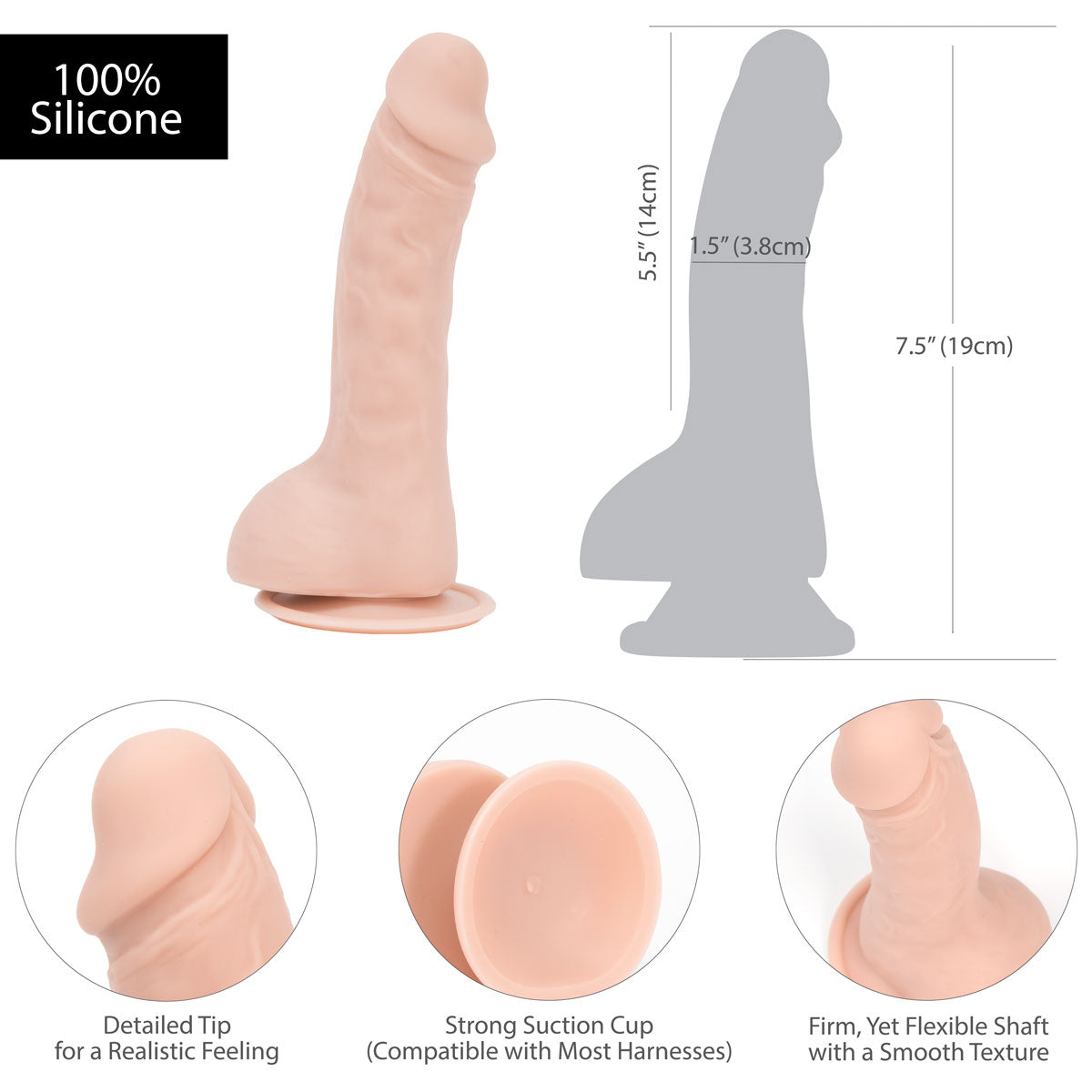 Pure Love® - Smooth Realistic Silicone Dildo With Suction Base – 7.5 in. – Beige